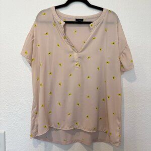 Ann Taylor Factory Split Neck Light Pink Blouse with Yellow Flowers Size XL